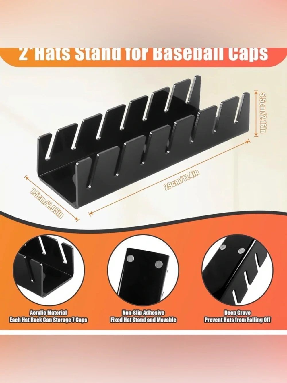 2‎ Pack Black Hat Stands for Baseball Caps, No Install Acrylic Hat Organizers